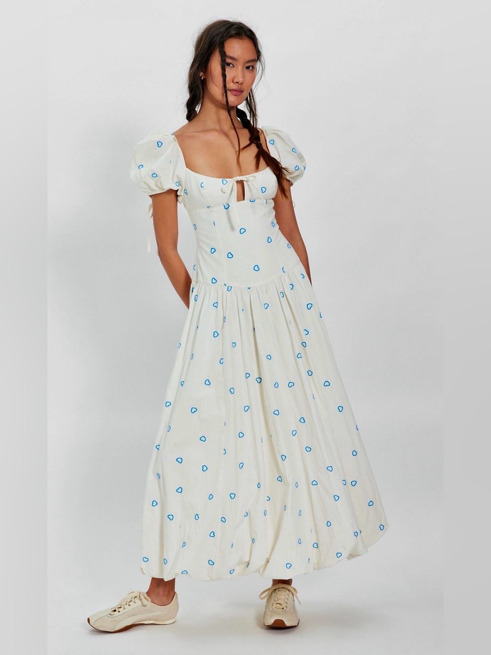 New Free People Bali Sprinkled Embroidered Heart Maxi Dress Cream Blue 2